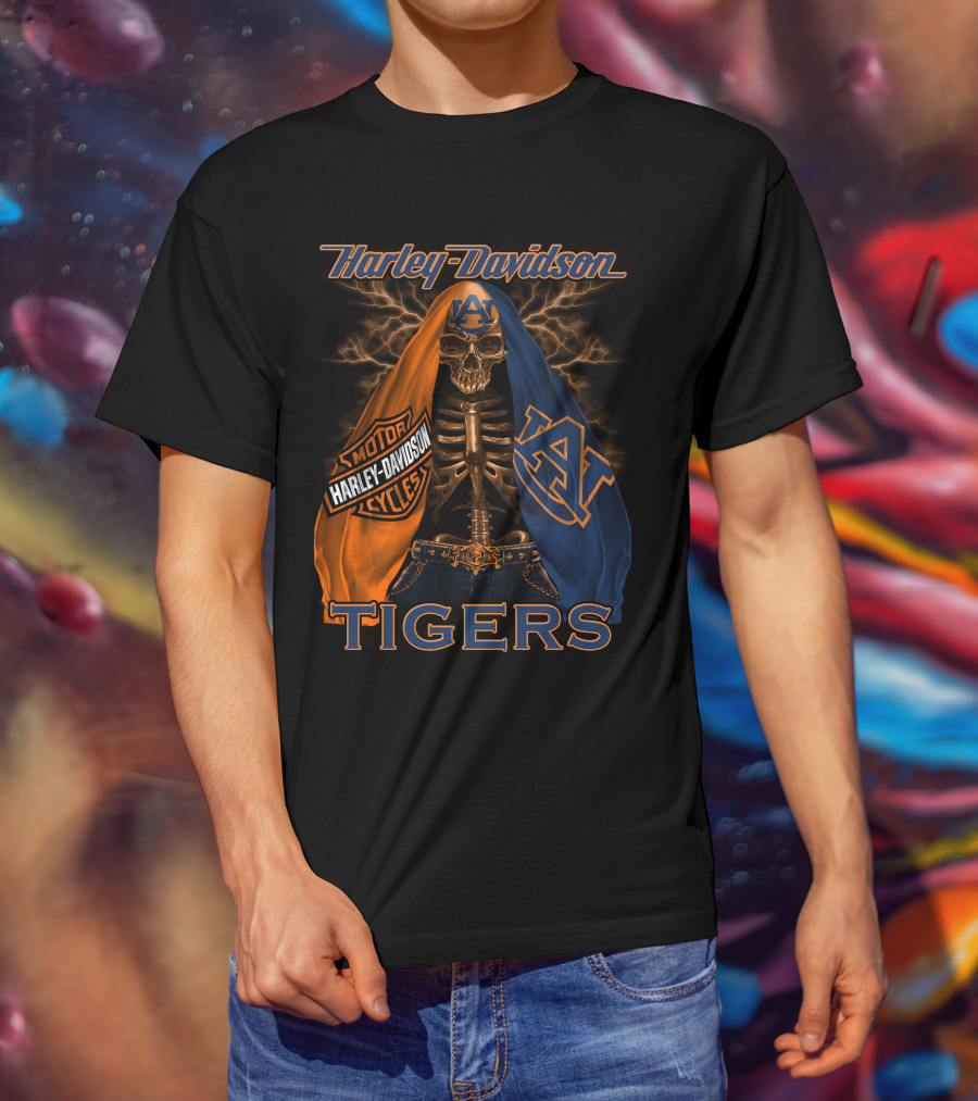 Harley Davidson Auburn Tigers Skeleton Dual Flag T-Shirt
