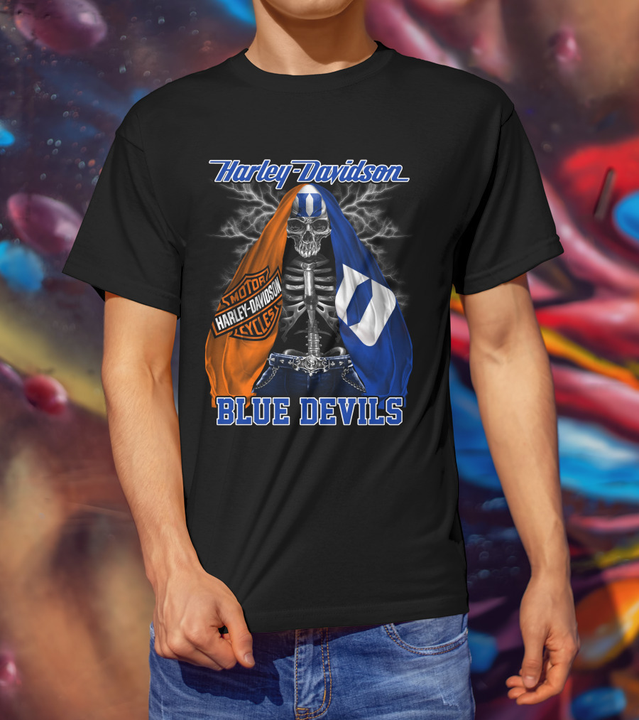 Harley Davidson Blue Devils Skeleton With Motor Cycles And Iconic Scarf T-Shirt