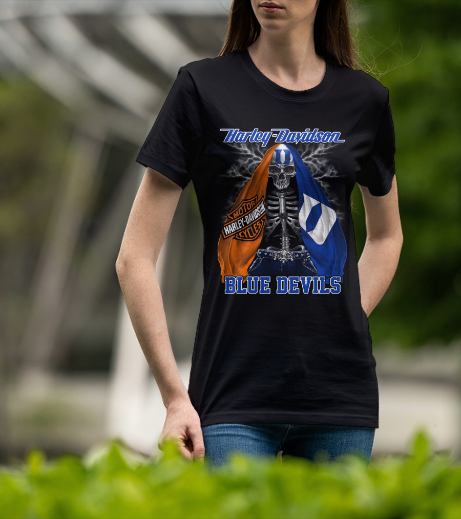 Harley Davidson Blue Devils Skeleton With Motor Cycles And Iconic Scarf T-Shirt