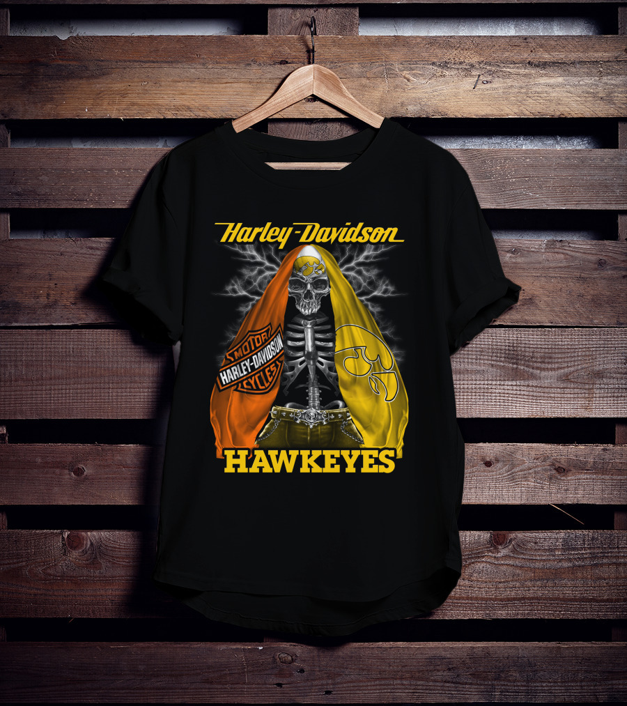 Harley Davidson Iowa Hawkeyes Skull Skeleton With Orange Yellow Flags And Hawkeyes T-Shirt