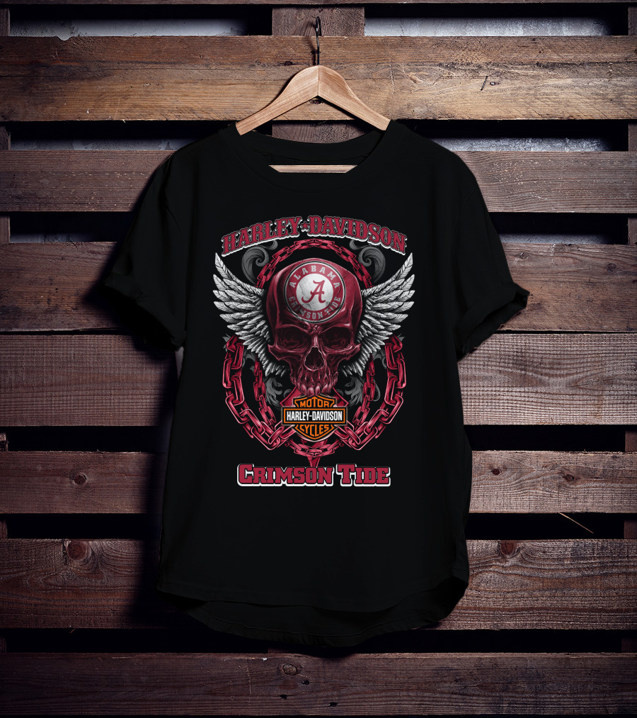 Harley Davidson Alabama Crimson Tide Skull Wings Motor Cycles T-Shirt