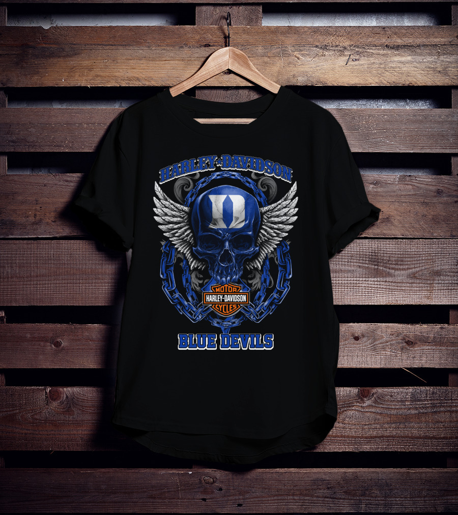Harley Davidson Blue Devils Duke Skull Wings Chain T-Shirt