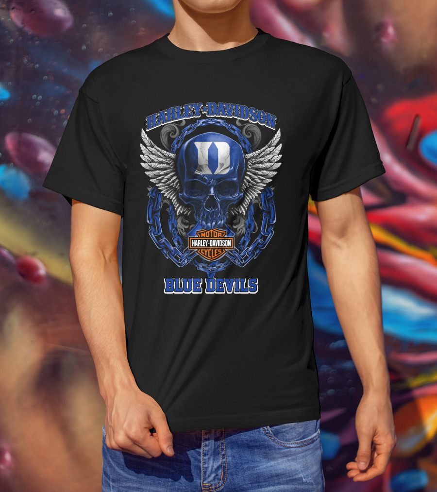 Harley Davidson Blue Devils Duke Skull Wings Chain T-Shirt