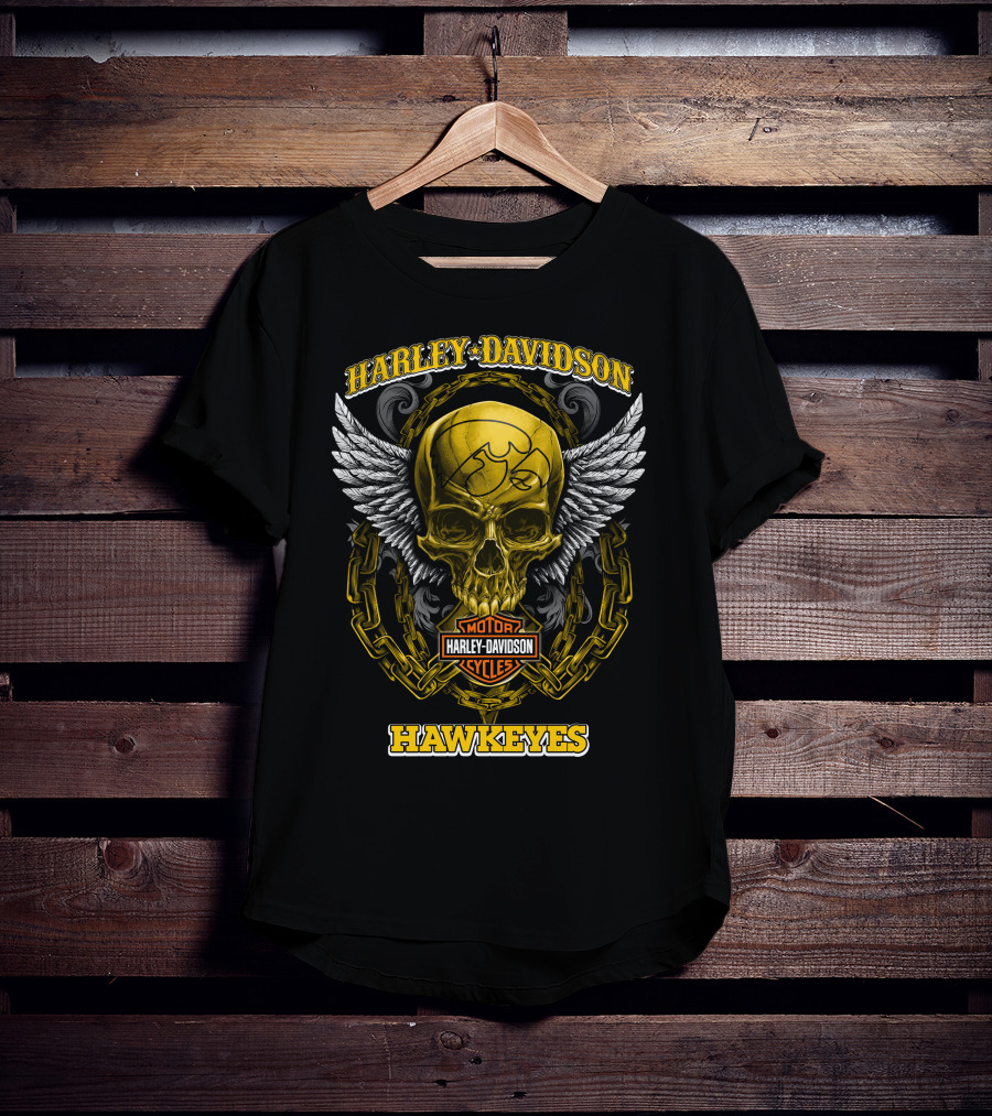 Harley Davidson Motor Cycles Hawkeyes Skull Wings T-Shirt