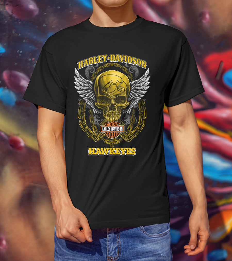 Harley Davidson Motor Cycles Hawkeyes Skull Wings T-Shirt