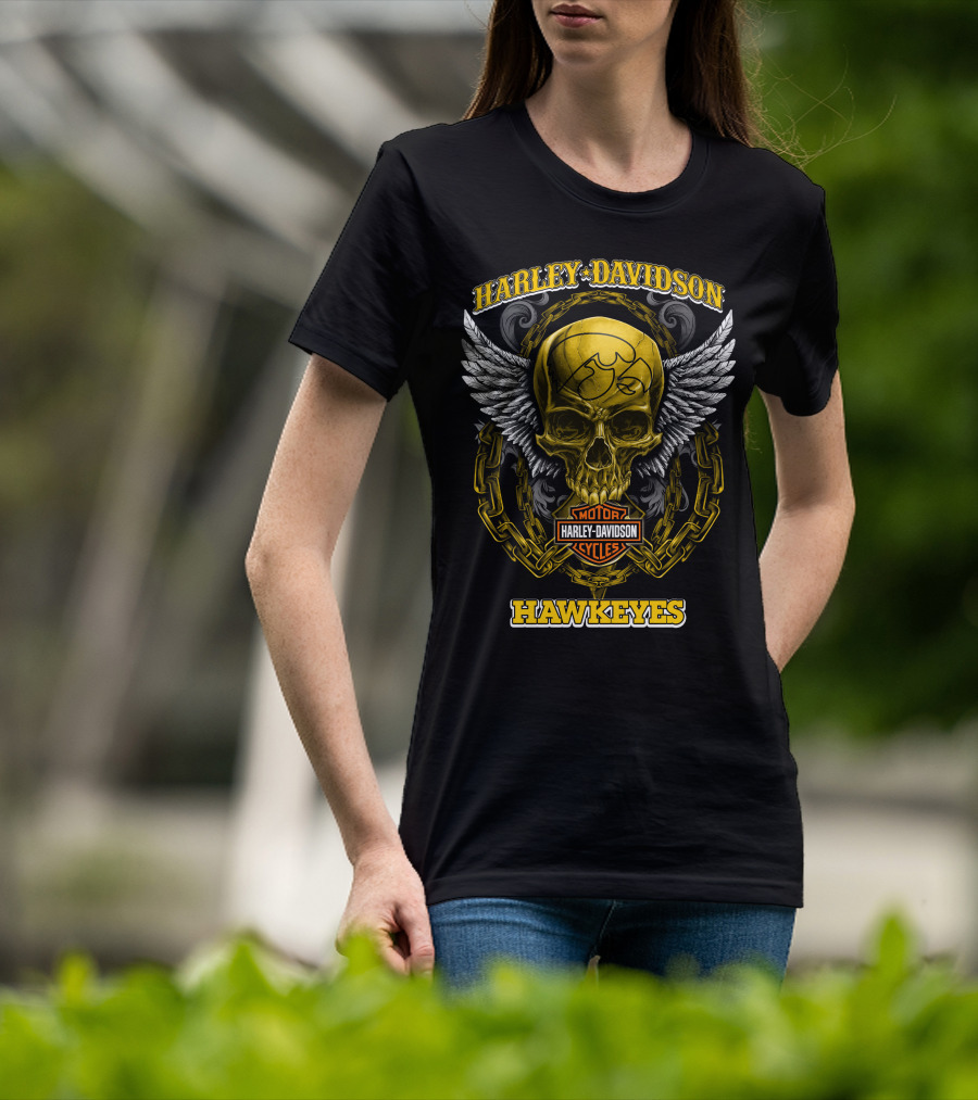 Harley Davidson Motor Cycles Hawkeyes Skull Wings T-Shirt