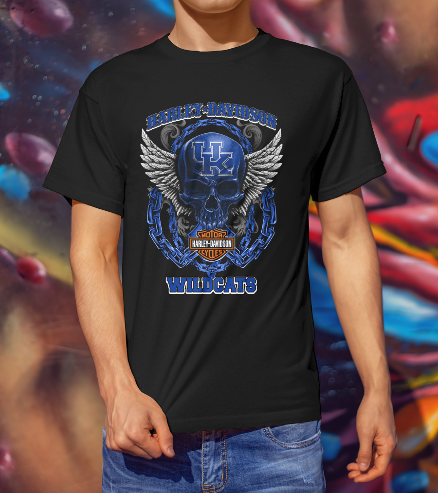 Harley Davidson Kentucky Wildcats Skull Winged Motor Cycles T-Shirt