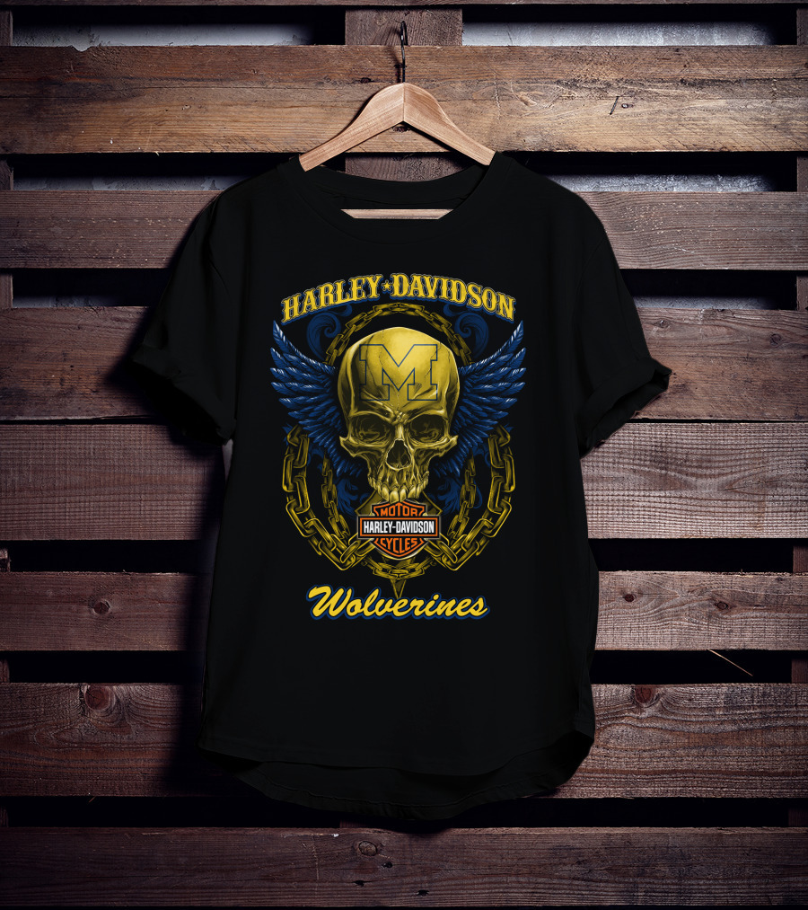 Harley Davidson Michigan Wolverines Skull Logo With Chain And Wings T-Shirt