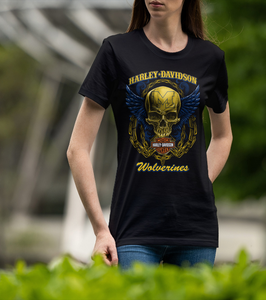 Harley Davidson Michigan Wolverines Skull Logo With Chain And Wings T-Shirt