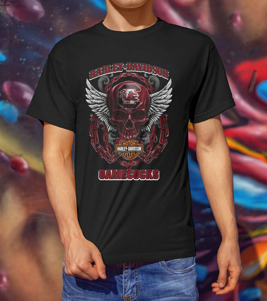 Harley Davidson South Carolina Gamecocks Skull Design With Wings And Chains T-Shirt