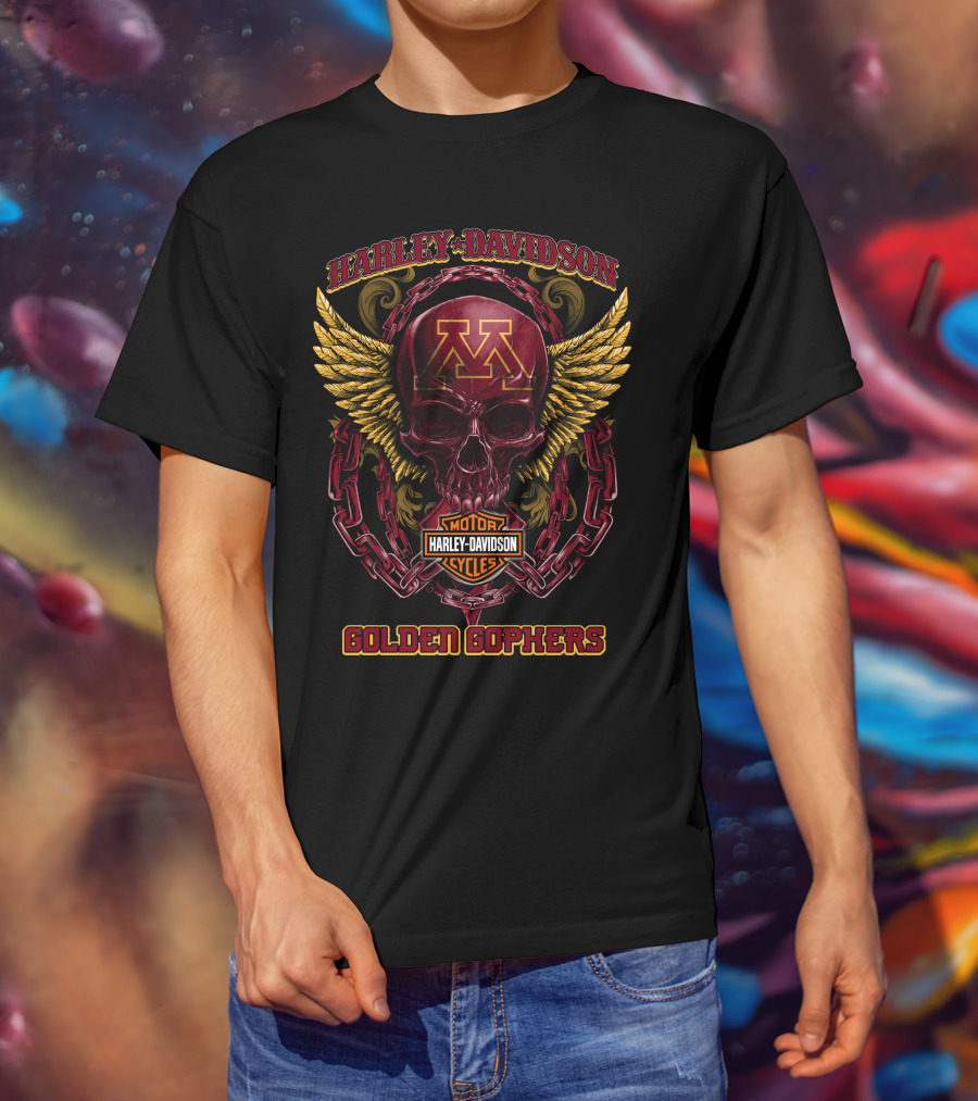 Harley Davidson Minnesota Golden Gophers Skull Wings Motorcycle Chains T-Shirt