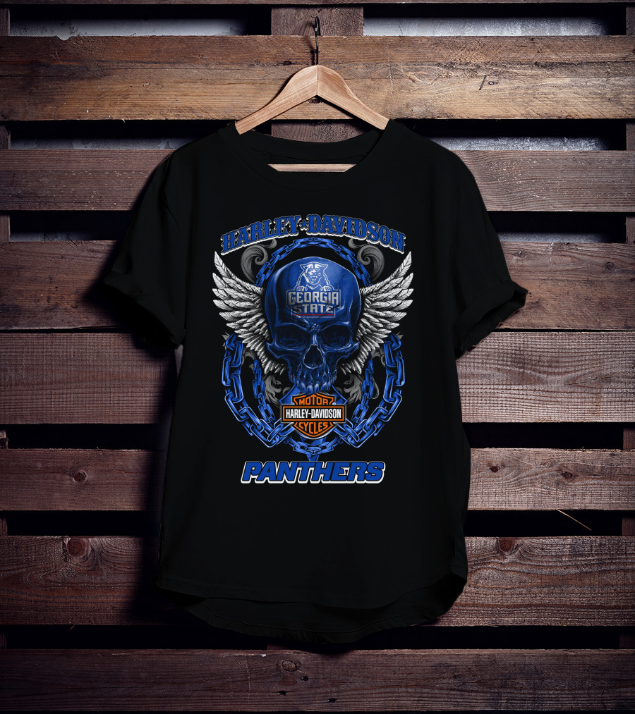 Harley Davidson Georgia State Panthers Skull Wings Chain Motorcycle Cycles T-Shirt