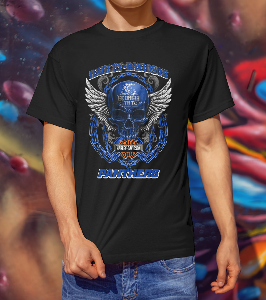 Harley Davidson Georgia State Panthers Skull Wings Chain Motorcycle Cycles T-Shirt
