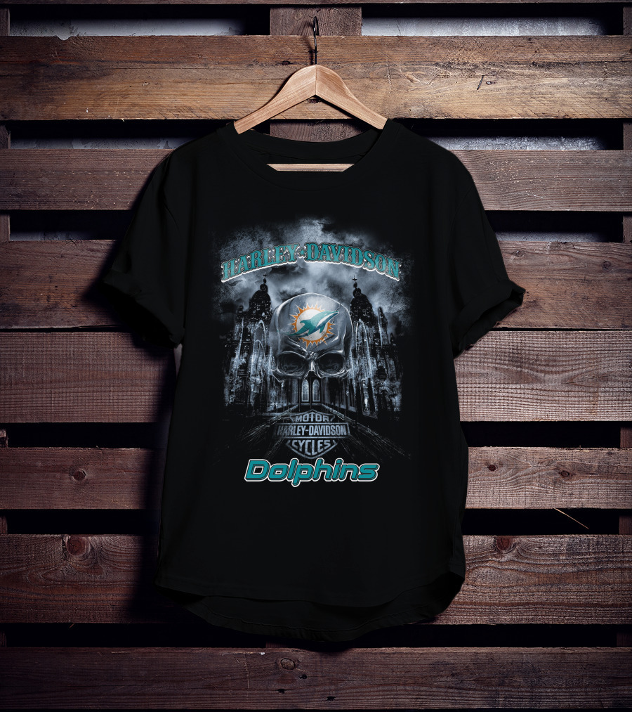 Harley Davidson Miami Dolphins Nfl Skull Motor Cycles T-Shirt