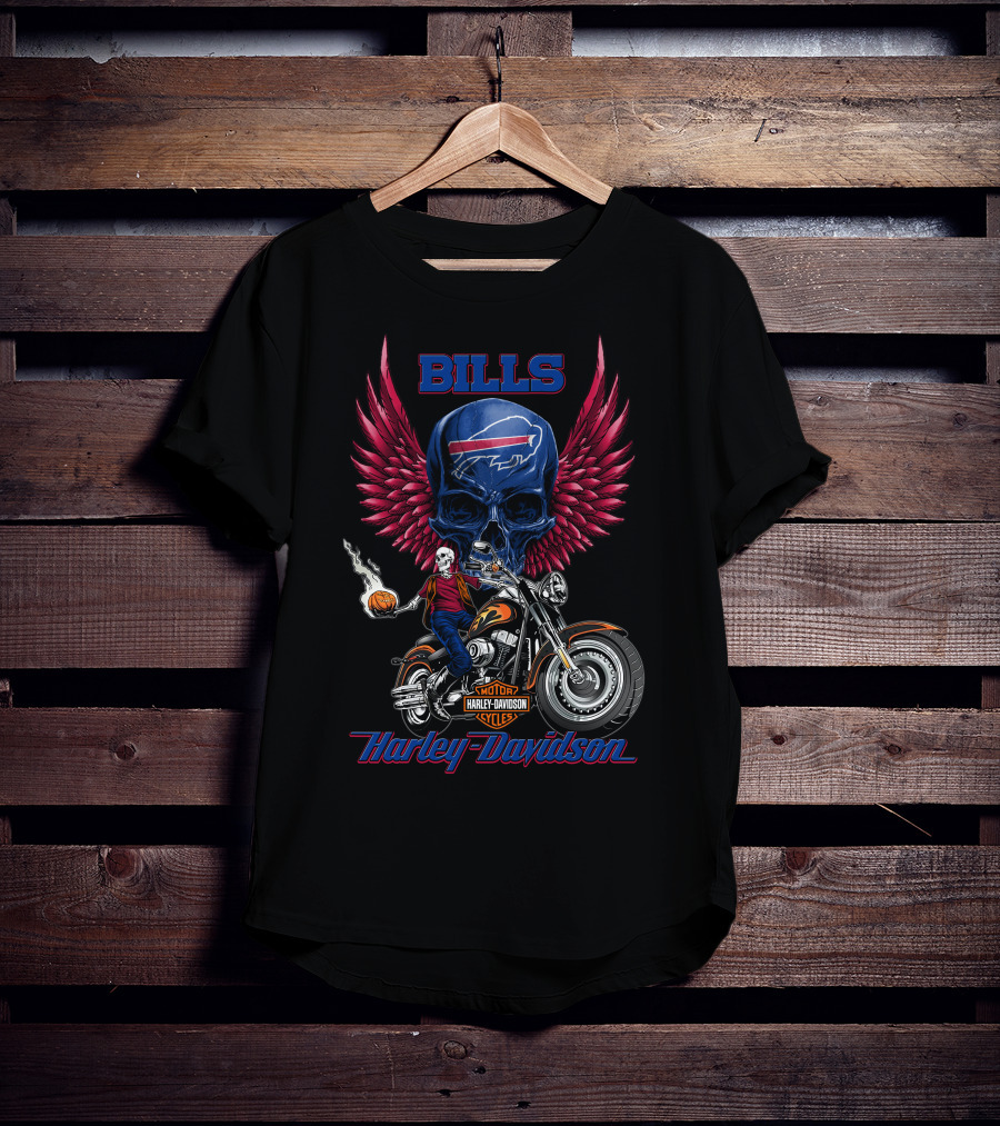 Bills Harley Davidson Motorcycle Skull Wings Nfl Buffalo Riders T-Shirt