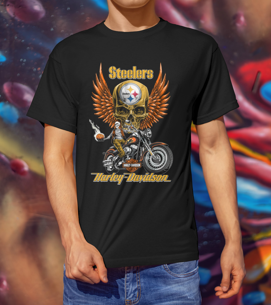 Steelers Harley Davidson Motor Cycles Skull Wings Nfl Pittsburgh T-Shirt
