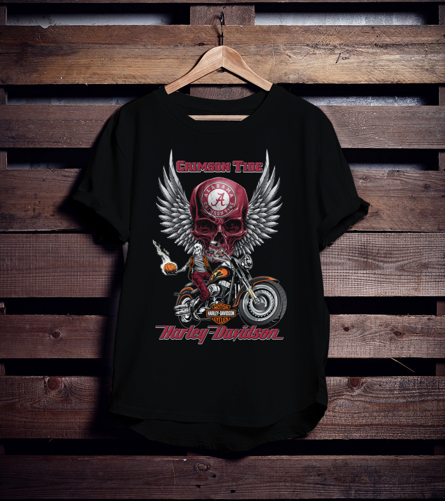 Crimson Tide Alabama Harley Davidson Motorcycles Ncaa Skull Wings T-Shirt