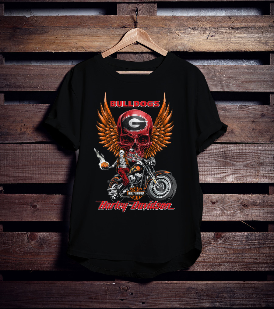 Bulldogs Harley Davidson Georgia Motorcycle Skull Wings T-Shirt