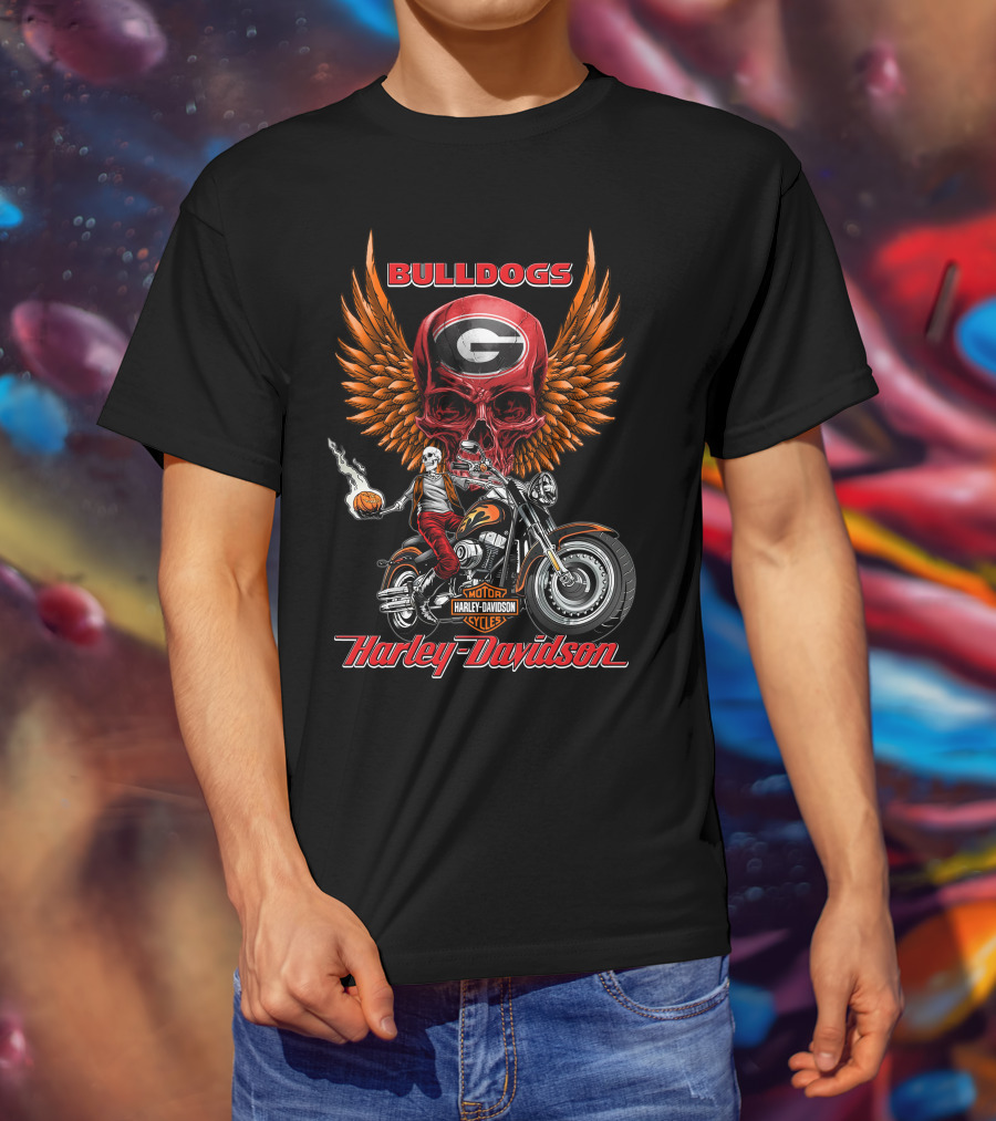 Bulldogs Harley Davidson Georgia Motorcycle Skull Wings T-Shirt