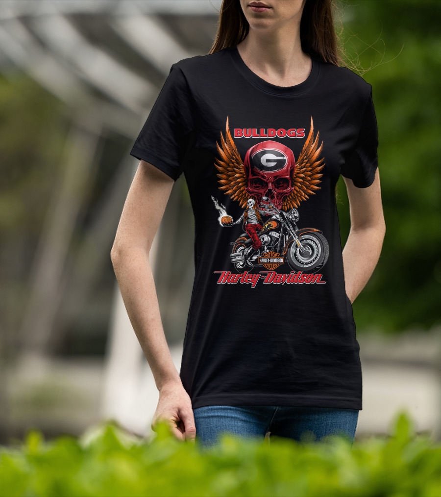 Bulldogs Harley Davidson Georgia Motorcycle Skull Wings T-Shirt