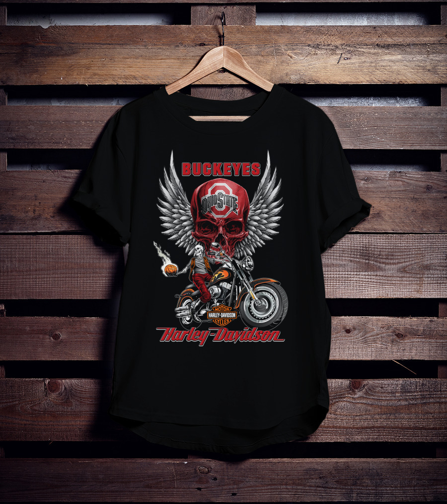 Buckeyes Ohio State Skull Harley Davidson Motor Cycles Wings Basketball T-Shirt