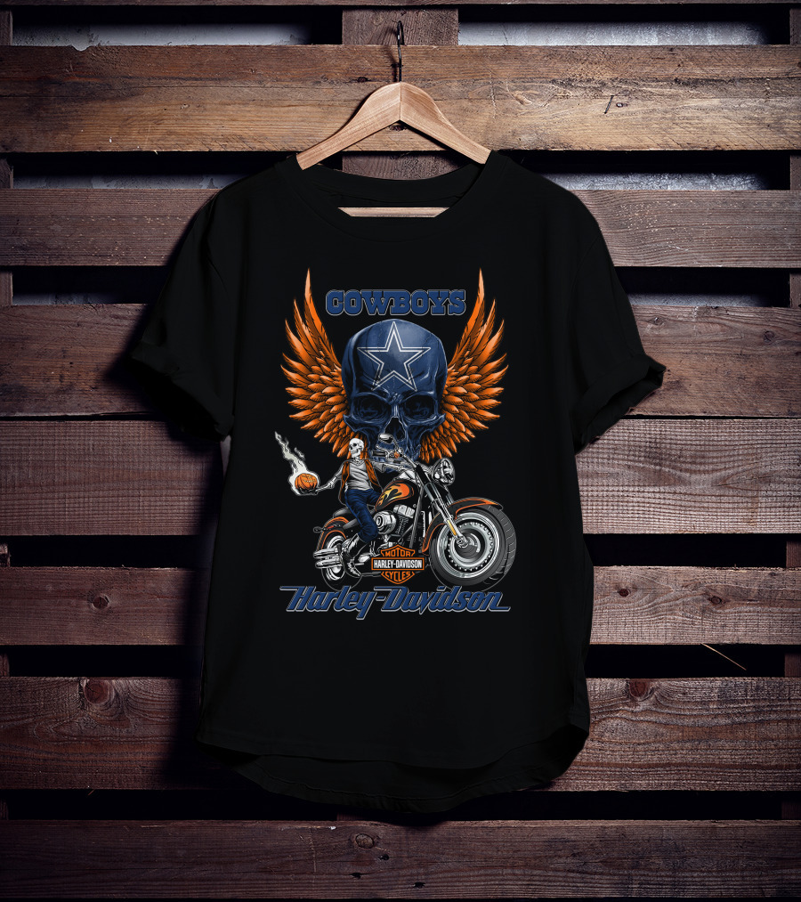 Cowboys Harley Davidson Motor Cycles Skull Star Wings T-Shirt