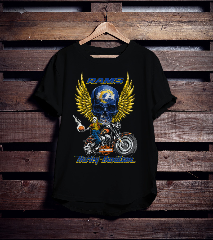 Harley Davidson Rams Skull With Los Angeles Nfl Motorcycle And Flaming Ball T-Shirt