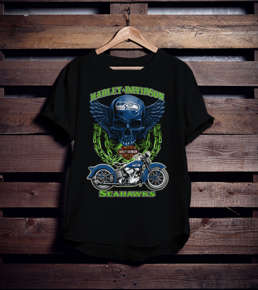 Harley Davidson Motorcycles Skull With Seattle Seahawks Logo And Bike Nfl Hd18 T-Shirt