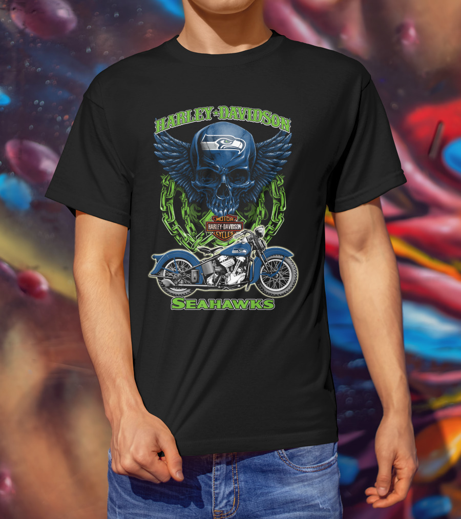 Harley Davidson Motorcycles Skull With Seattle Seahawks Logo And Bike Nfl Hd18 T-Shirt