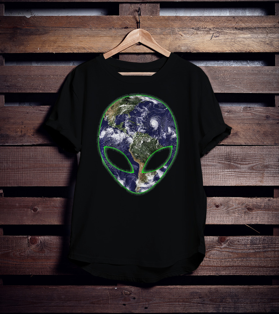 Aliens On Earth Grey Face With Planet T-Shirt