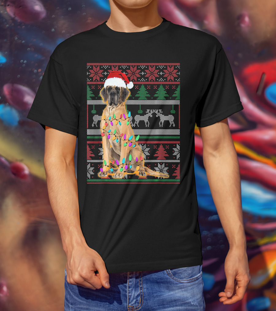 Christmas Dog Santa Hat Lights Ugly T-Shirt