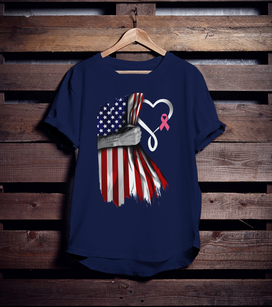 Breast Cancer Awareness American Flag Heart T-Shirt