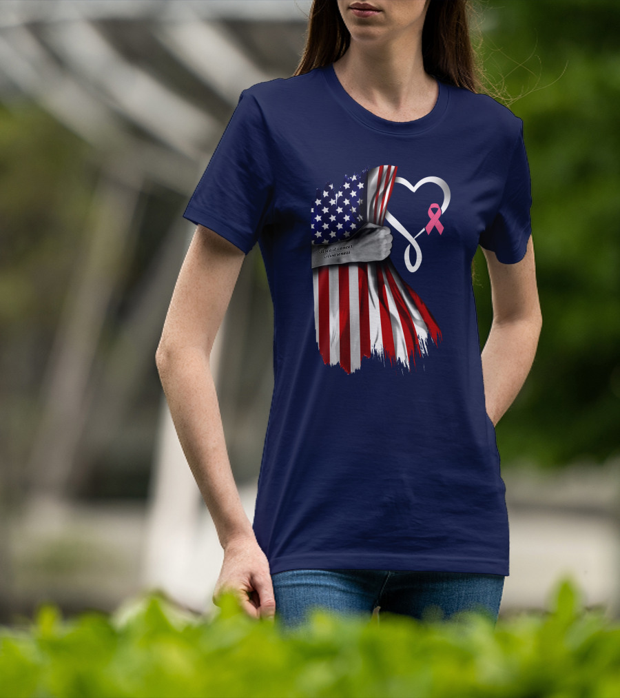 Breast Cancer Awareness American Flag Heart T-Shirt