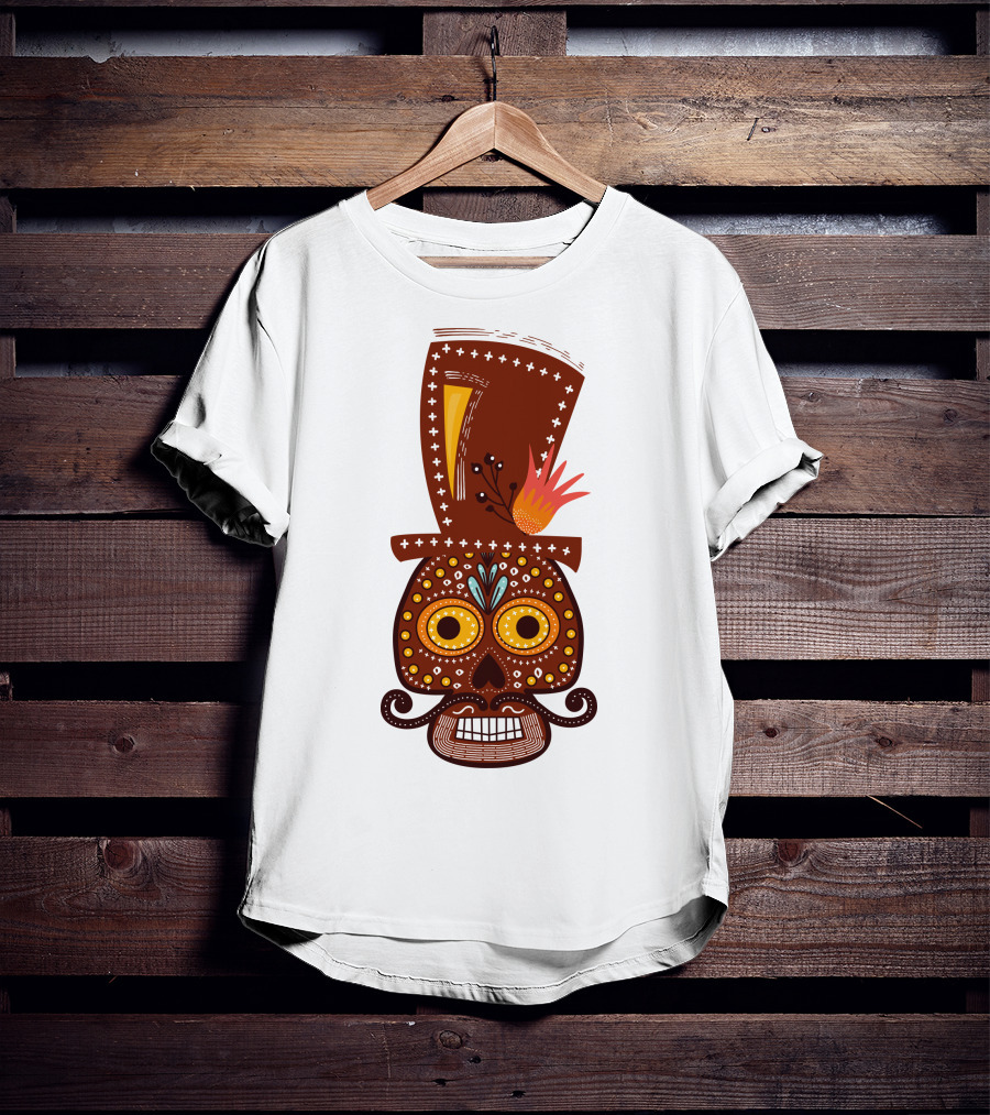 Skull Series 156 Colorful Day Of The Dead Sugar Skull Top Hat Mustache T-Shirt