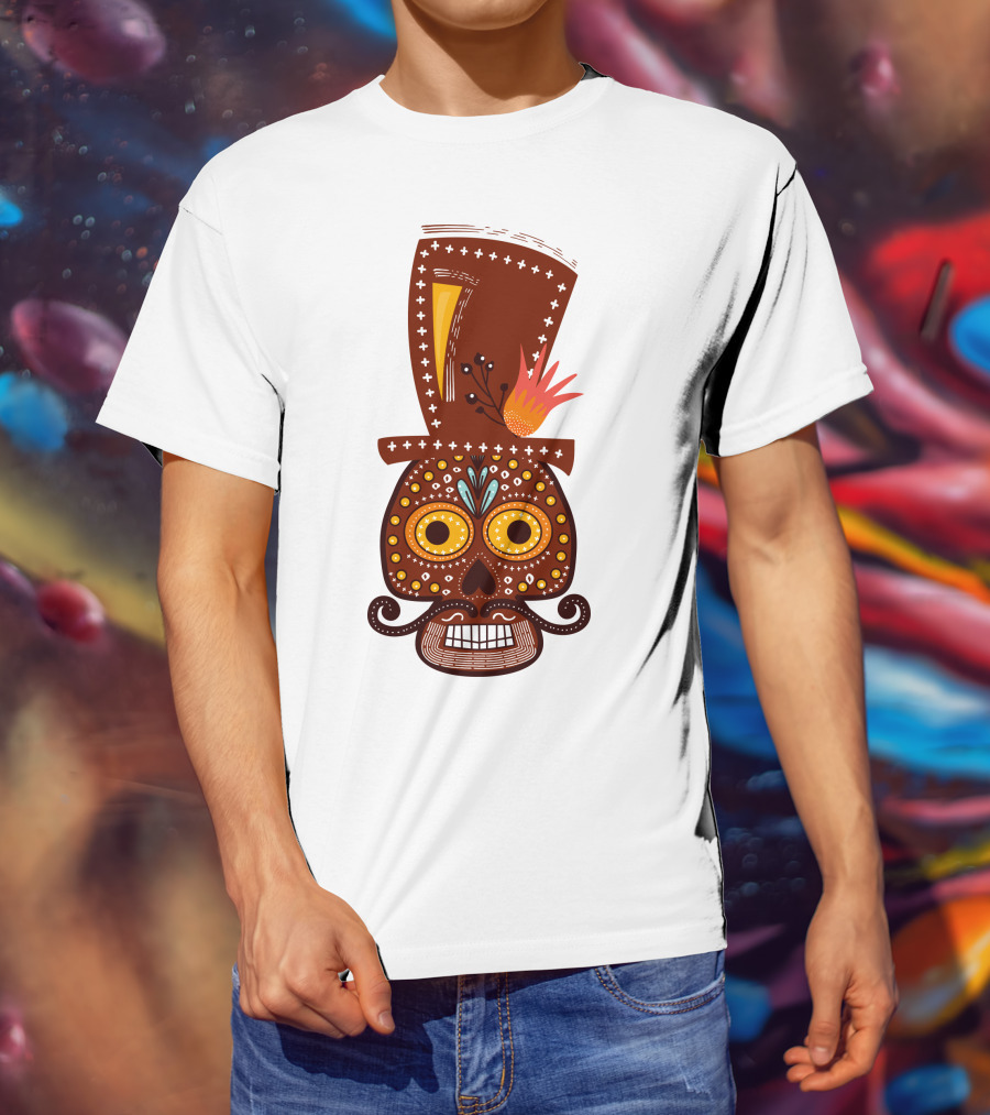 Skull Series 156 Colorful Day Of The Dead Sugar Skull Top Hat Mustache T-Shirt