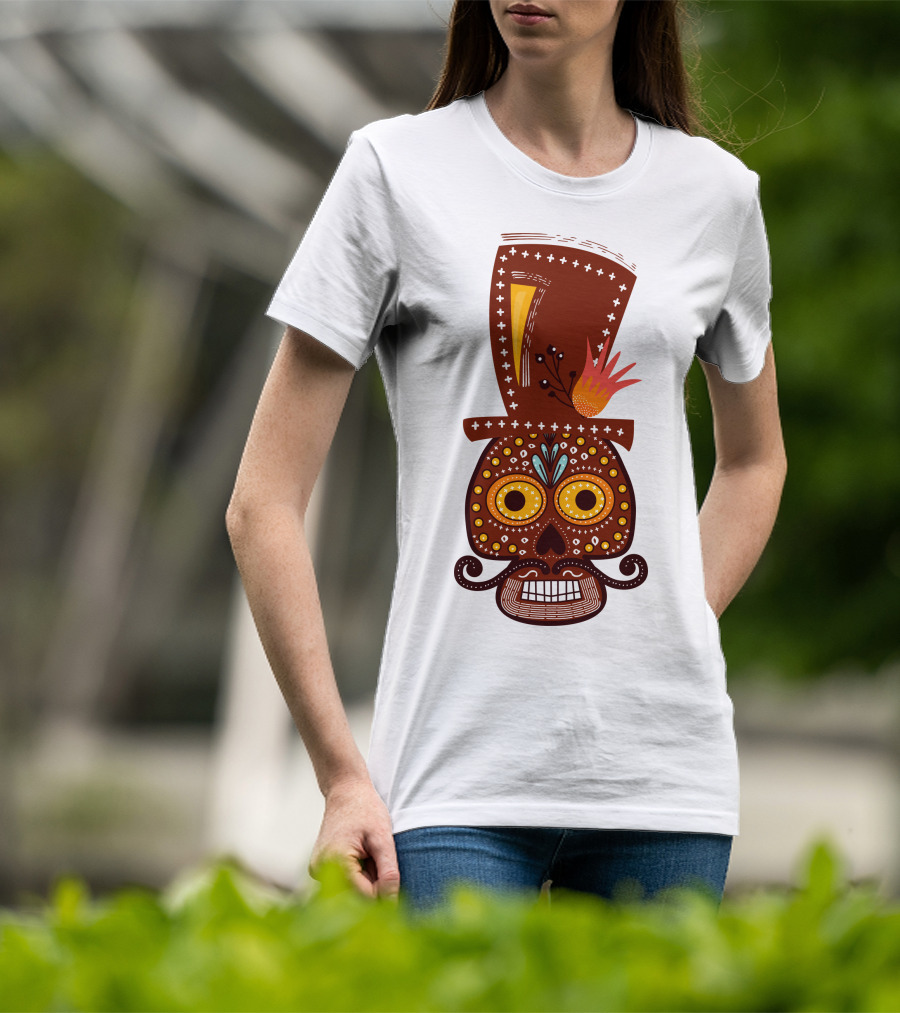 Skull Series 156 Colorful Day Of The Dead Sugar Skull Top Hat Mustache T-Shirt