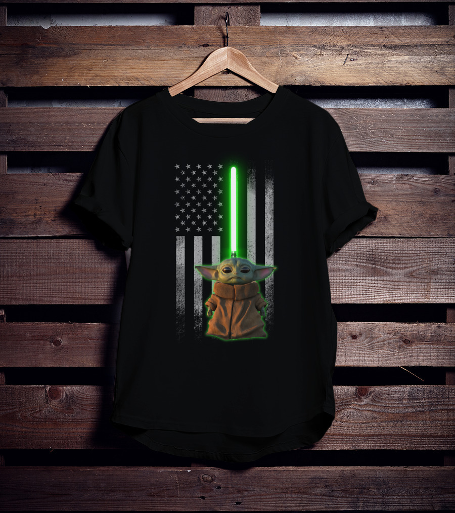 Baby Yoda Lightsaber American Flag Background T-Shirt