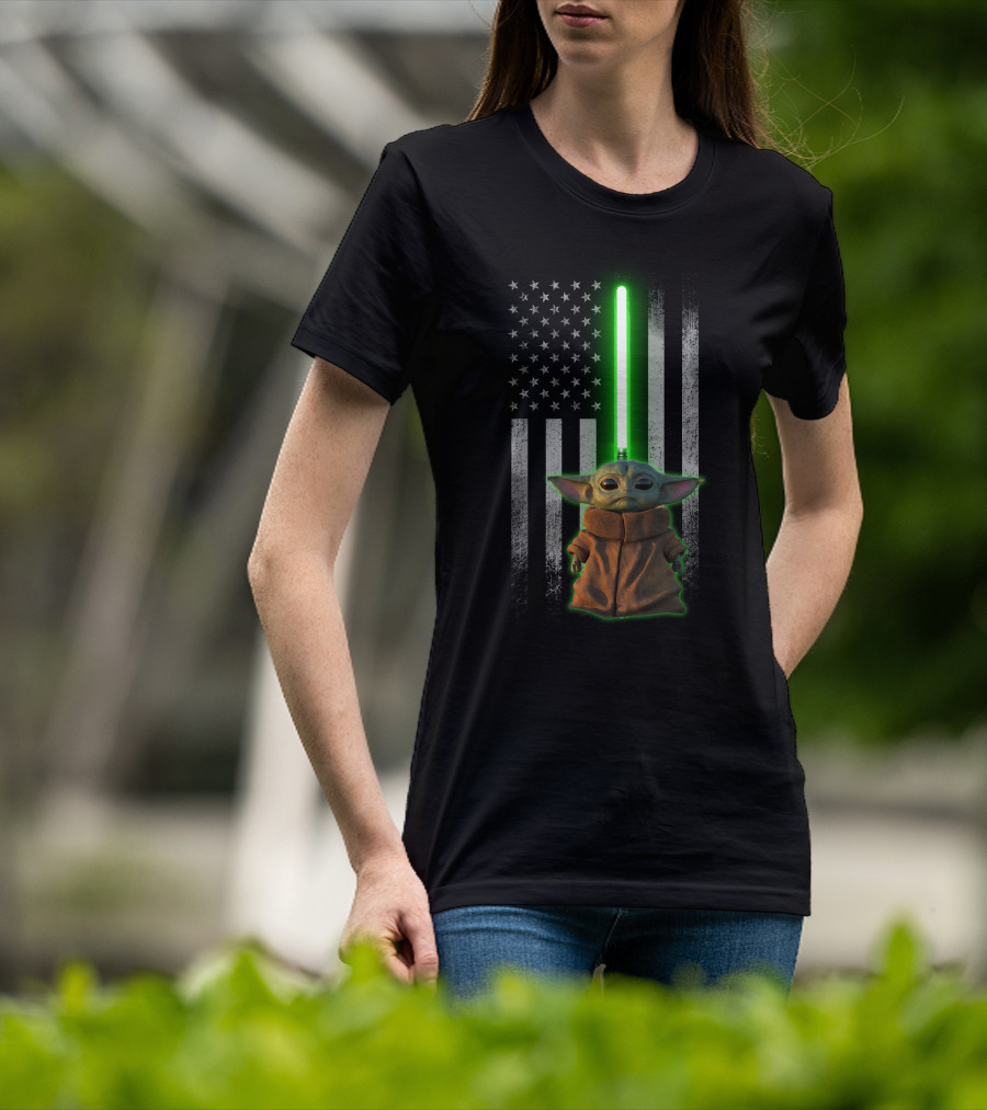 Baby Yoda Lightsaber American Flag Background T-Shirt