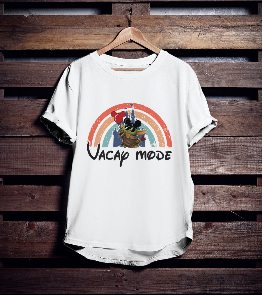 Baby Yoda Vacay Mode Disney Castle Mickey Ears Rainbow Balloons T-Shirt