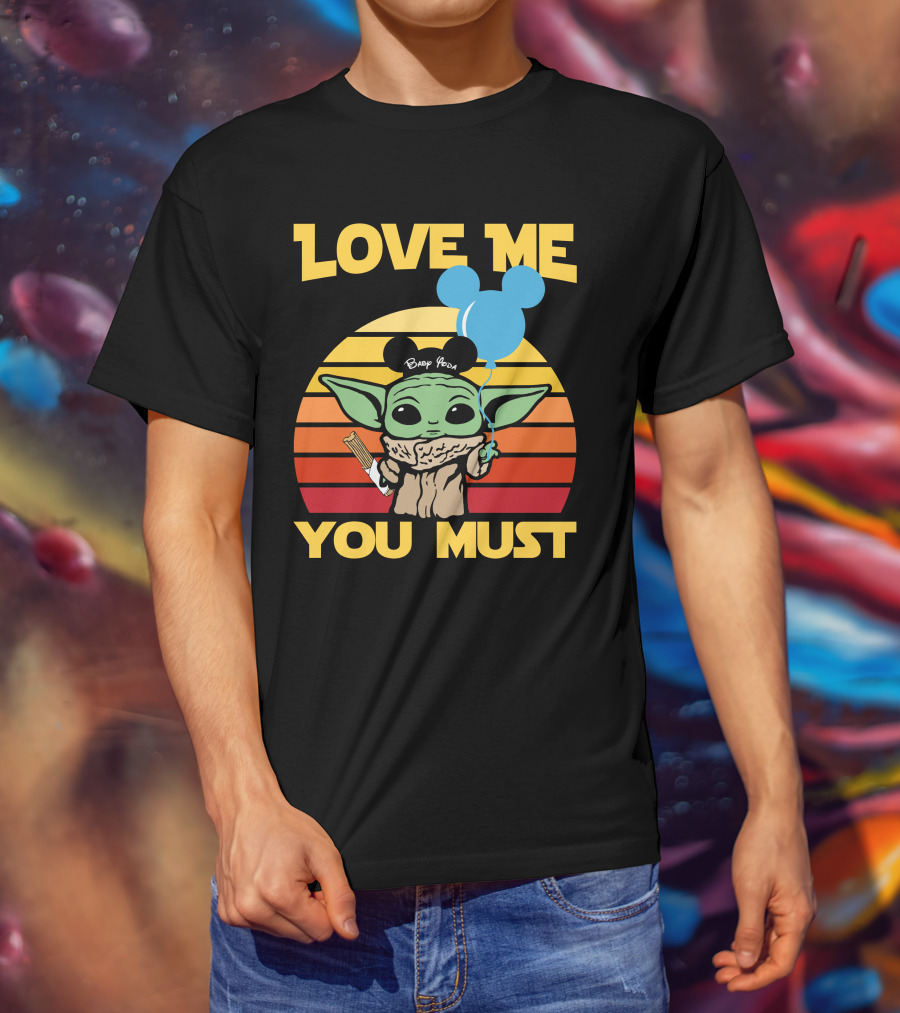 Love ME You Must Baby Yoda Mickey Ears Balloon Vintage Stripes T-Shirt