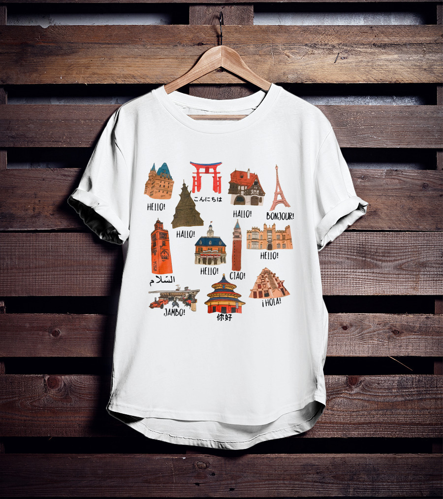 Epcot World Showcase Hello Konnichiwa Bonjour Ciao Jambo Hola Iconic Landmarks T-Shirt