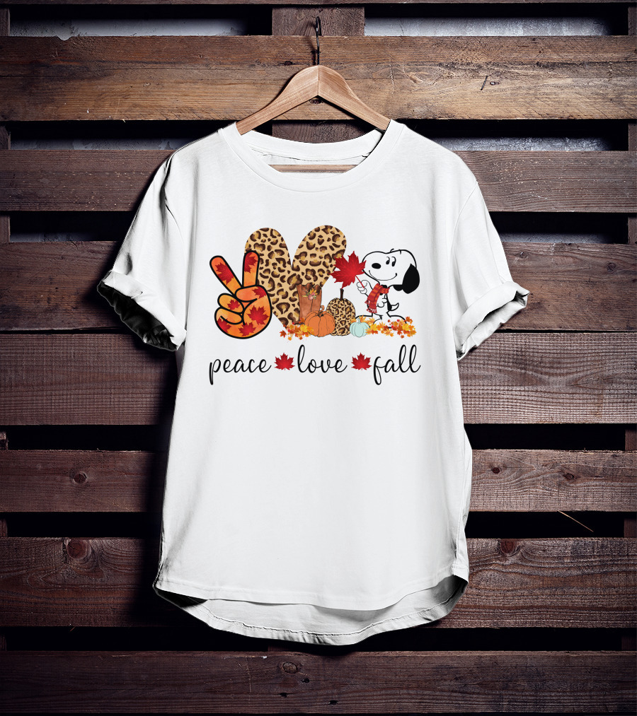 Peace Love Fall Snoopy Leopard Print Pumpkin Leaves T-Shirt