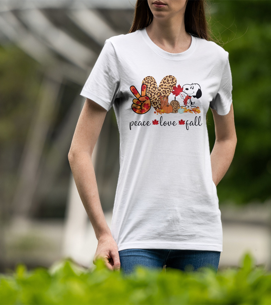 Peace Love Fall Snoopy Leopard Print Pumpkin Leaves T-Shirt