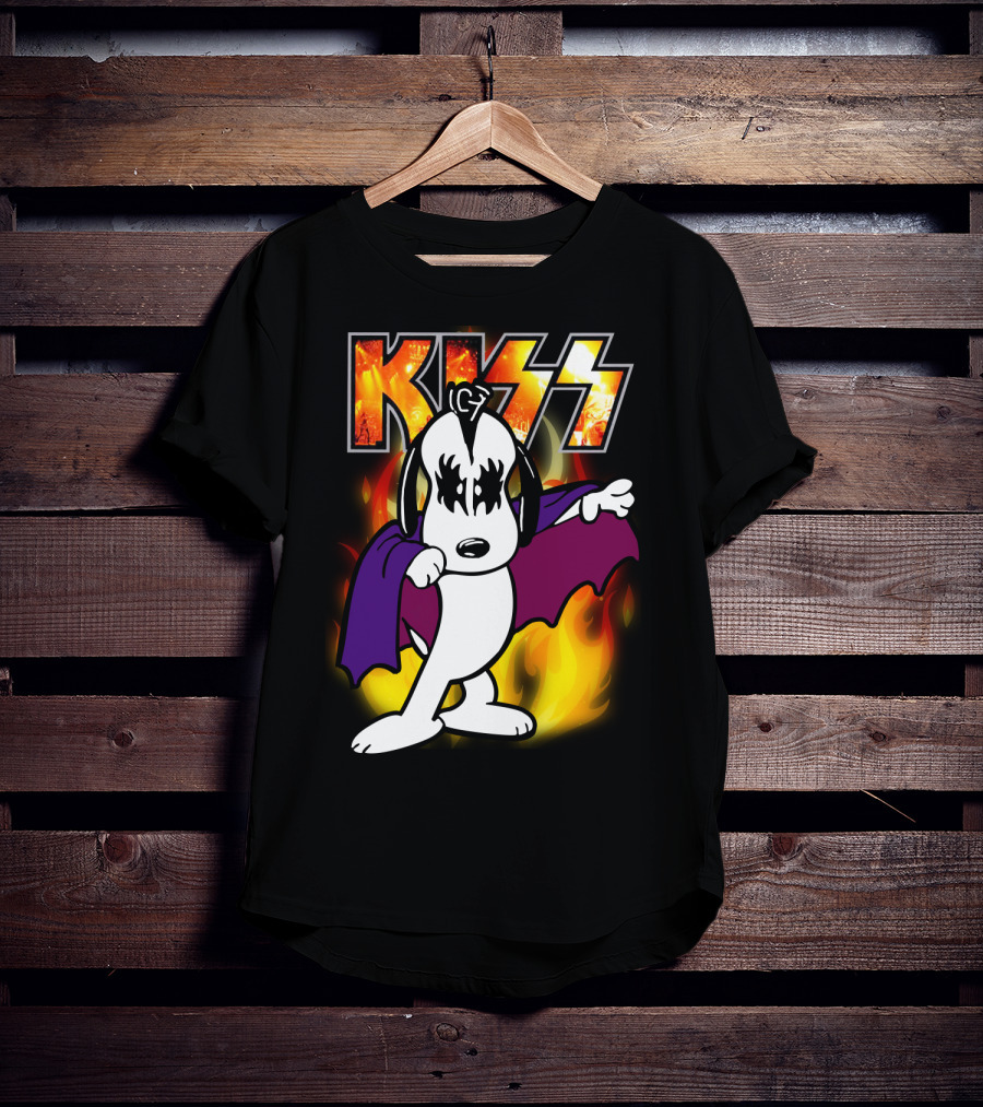 KISS Snoopy Peanuts Mashup With Flames And Comic T-Shirt