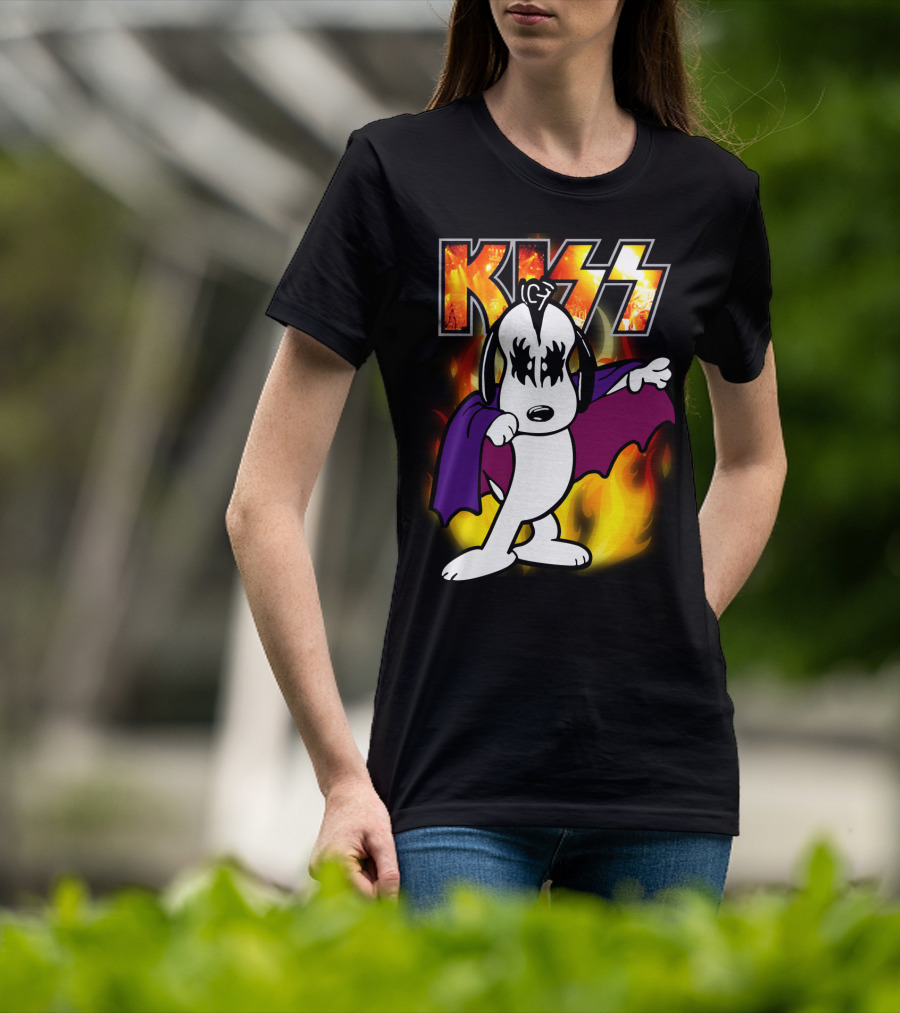 KISS Snoopy Peanuts Mashup With Flames And Comic T-Shirt