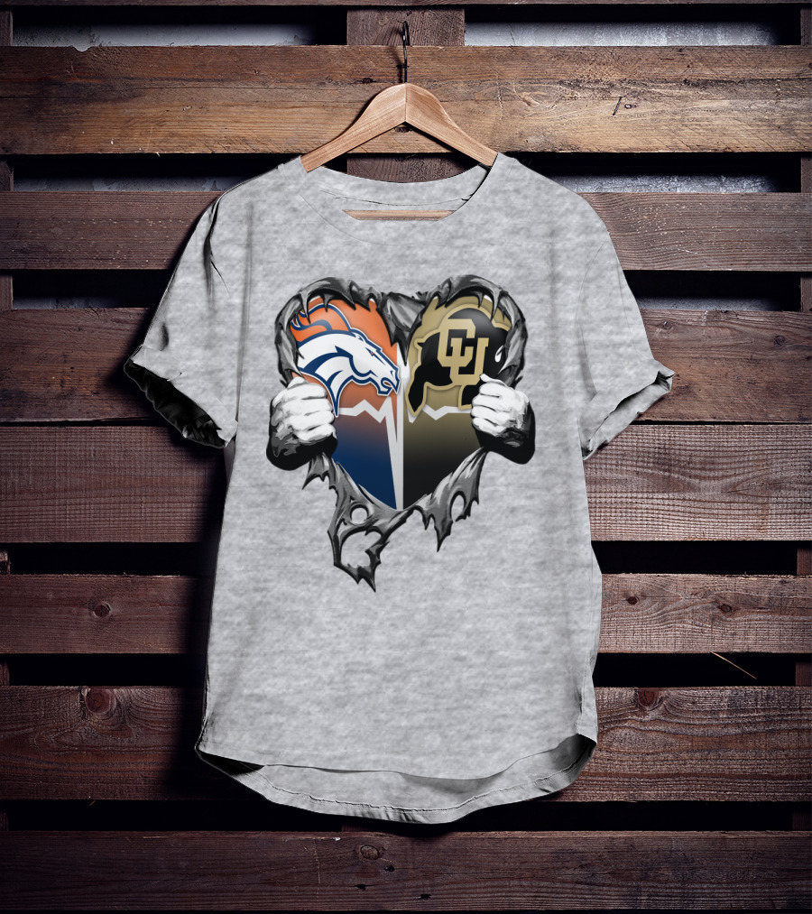 Denver Broncos And Colorado Buffaloes Heart Logo Rip T-Shirt