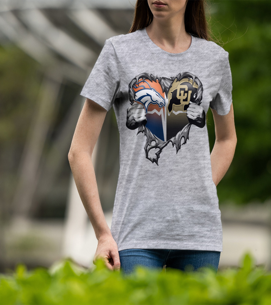 Denver Broncos And Colorado Buffaloes Heart Logo Rip T-Shirt
