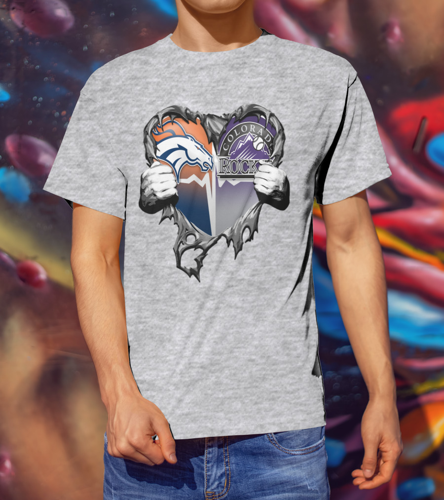 Denver Broncos Colorado Rockies Split Heart T-Shirt