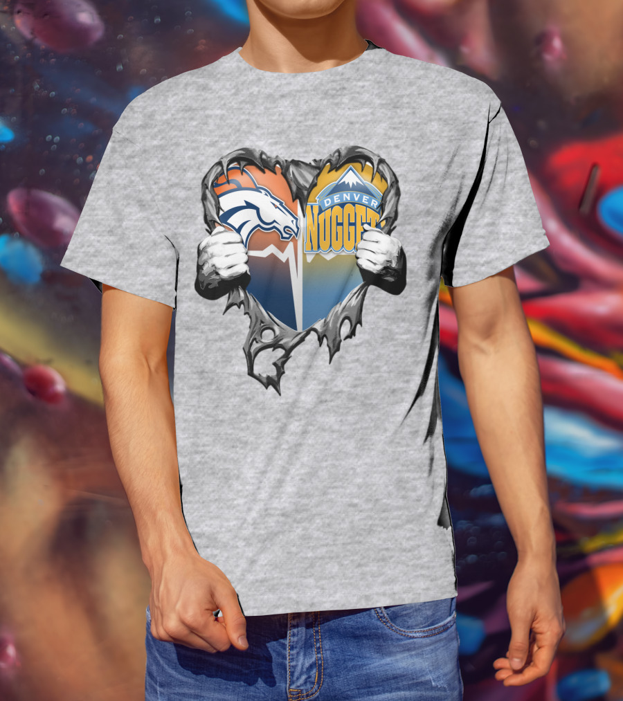 Broncos Nuggets Torn Heart Logo Fusion T-Shirt