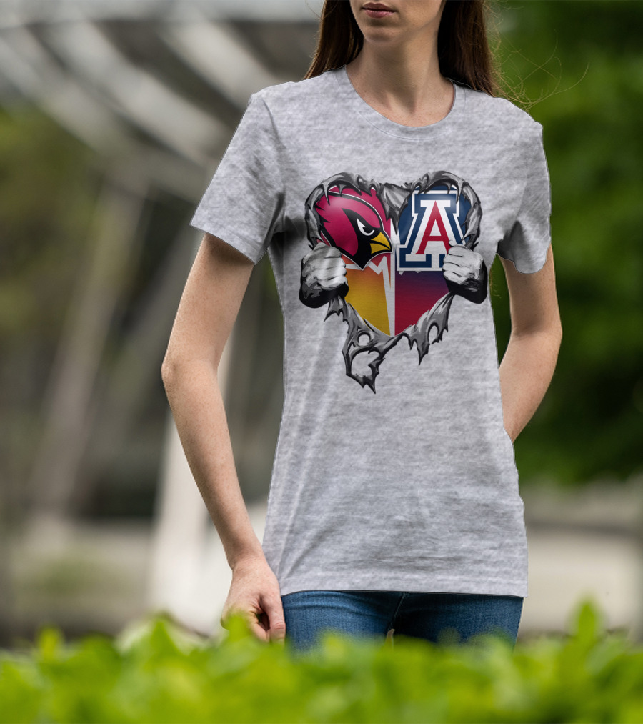 Arizona Cardinals And Arizona Wildcats Heart Tear T-Shirt